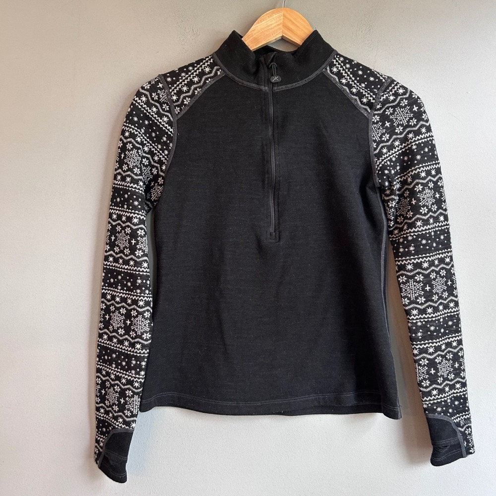 Terramar Merino Woolskins Womens Small Black Fair Isle Quarter Zip Base Layer
